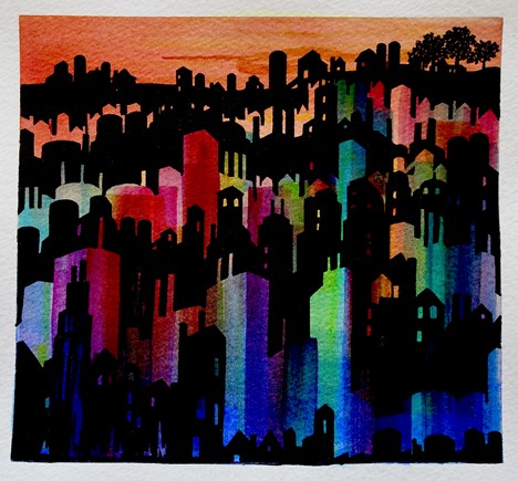 rainbow painting of buildings