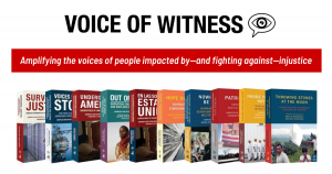 Voice of Witness Logo (a speech bubble surrounding a cartoon symbol for an eye) and an image of a selection of their books