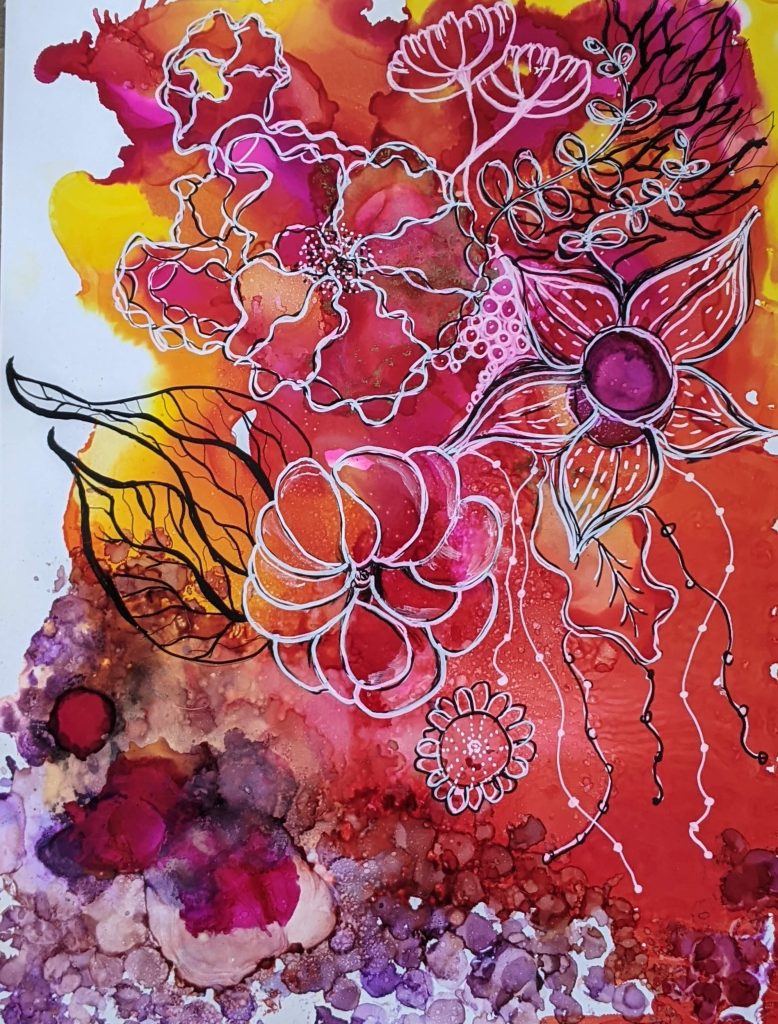 Image of abstract art incorporating flowers and swirls of red, purple, yellow, and orange