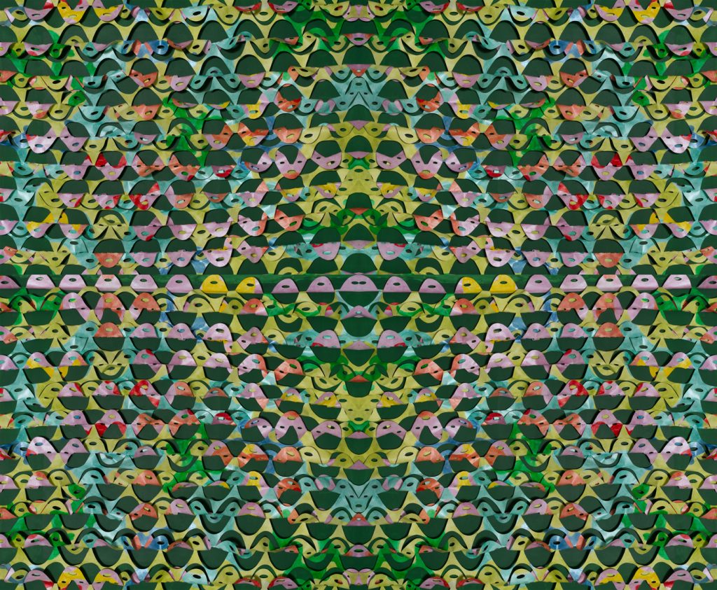 Cut out faces repeated in a colorful camouflage pattern