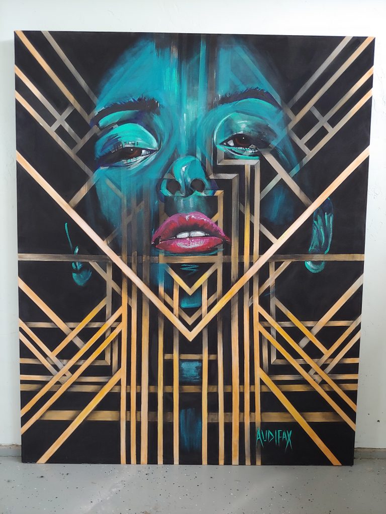 Image of close up of face in a teal color with gold line work around it