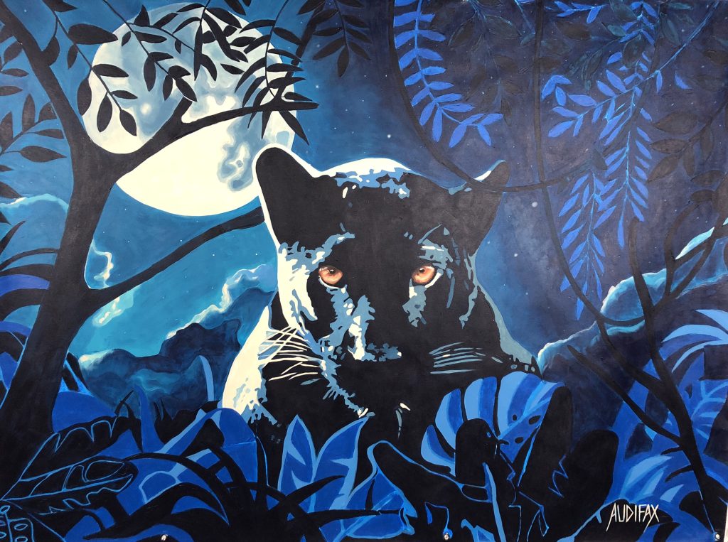 Finished mural showing black panther with full moon on the left side