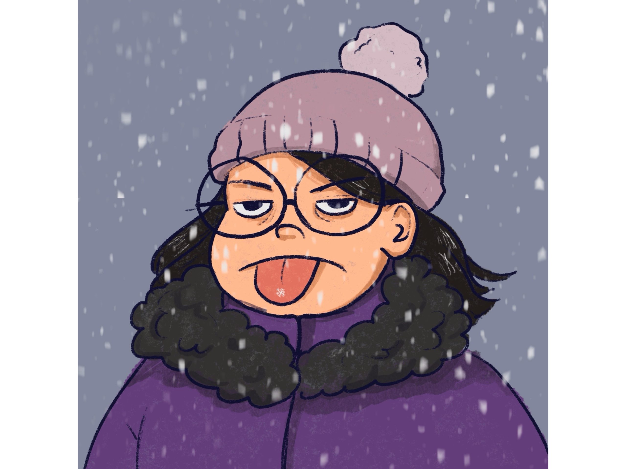Image of drawing of artist outside while it's snow wearing a winter hat and coat, sticking their tongue out