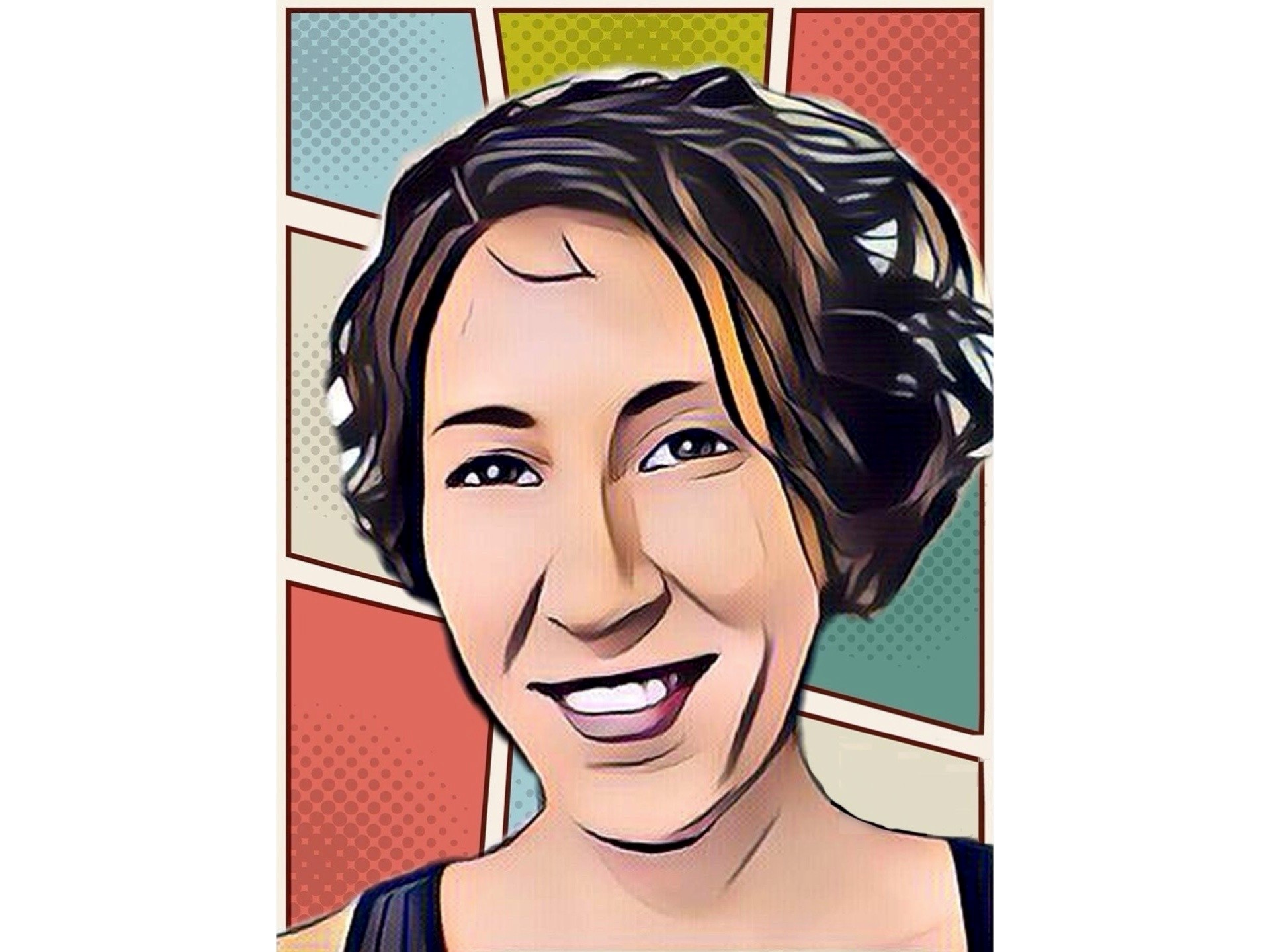 Colorful drawn image of artist with short brown hair; smiling