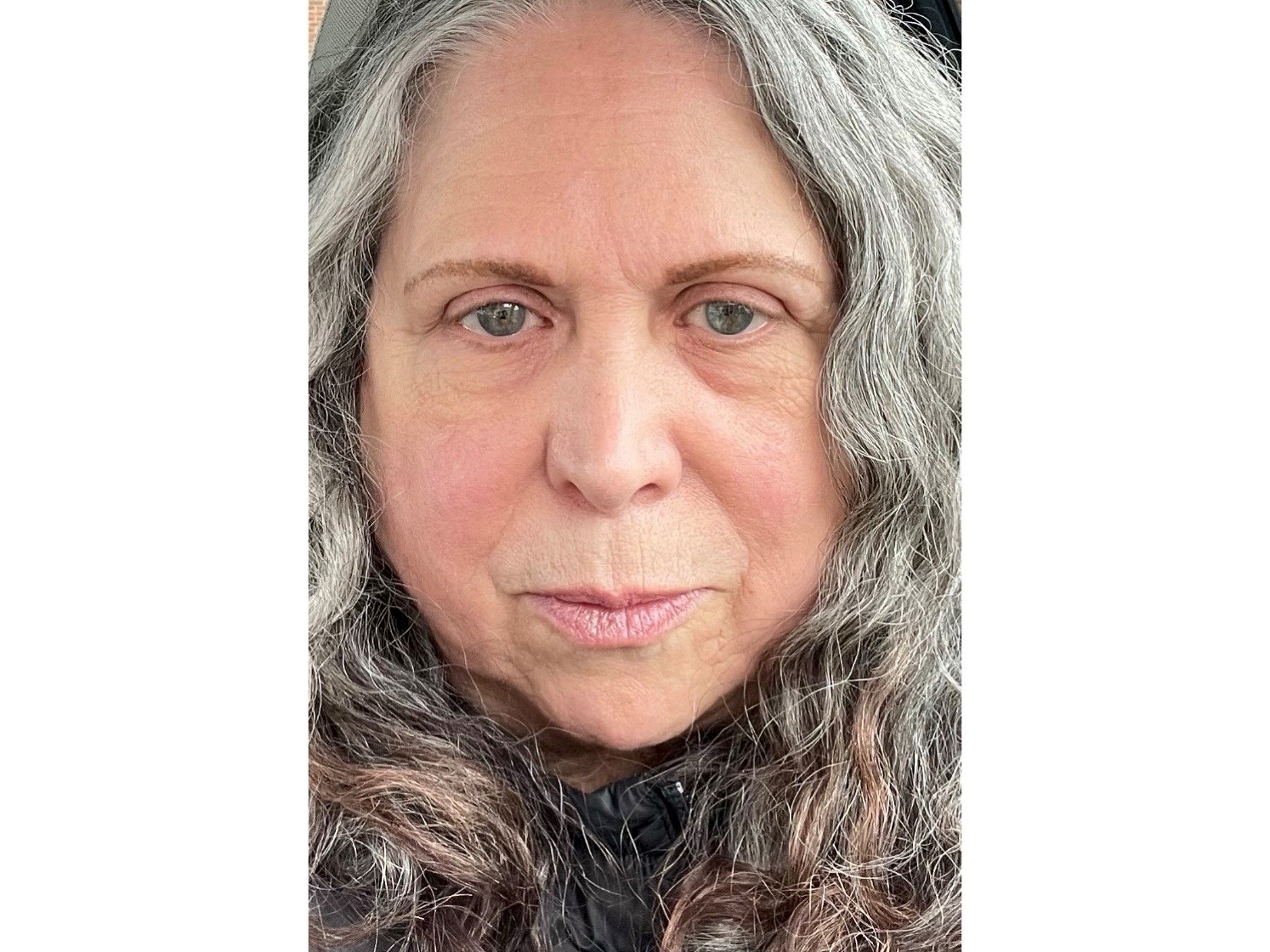 Image of photo of closeup of artist's face looking straight ahead with long grey/brown hair