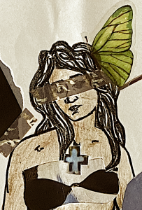 Artist's rendering of a woman, wearing a cross necklace, with a green butterfly sat on her head