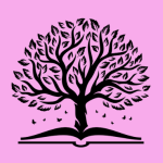 Graphic of a tree growing out of a book, purple background