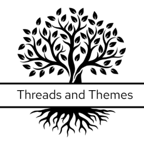 Graphic of tree with roots showing underneath and bifurcated in the middle to include text reading "Threads and Themes"