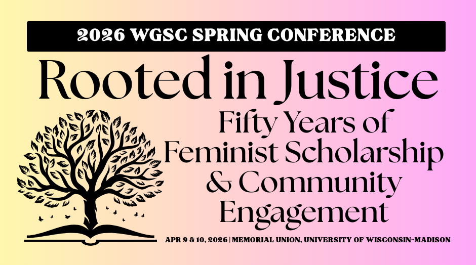 Conference Banner with graphic of a tree growing out of a book, background gradient of yellow into purple, and text reading "Rooted In Justice: Fifty Years of Feminist Scholarship and Community Engagement"