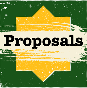 Text reads "Proposals" over a beige erasure streak with bright yellow and green geometric shape in background