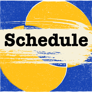 Text reads "Schedule" over a beige erasure streak with bright yellow and blue geometric shape in background