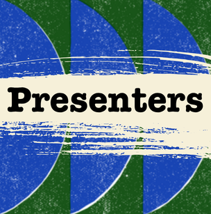 Text reads "Presenters" over a beige erasure streak with bright blue and green geometric shape in background
