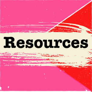 Text reads "Resources" over a beige erasure streak with bright pink and red geometric shape in background