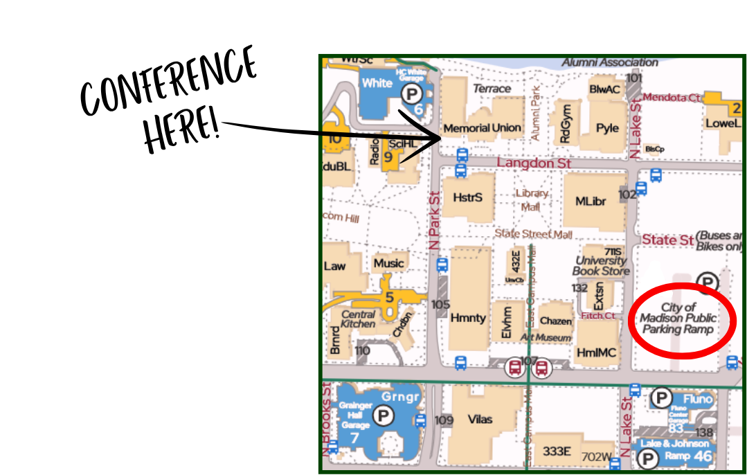 screenshot of map with parking garages noted.